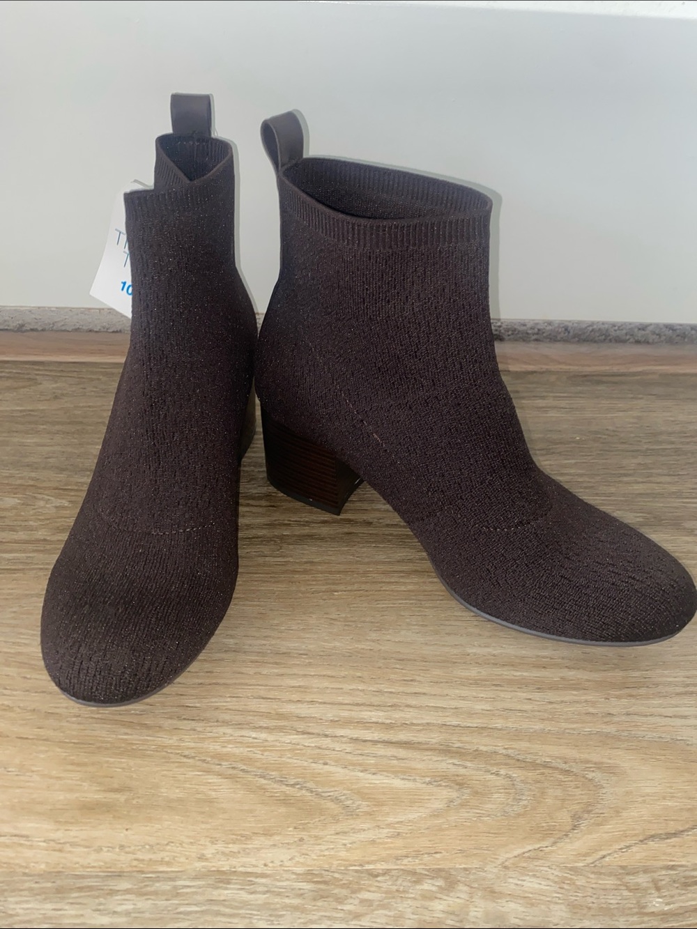 Time and Tru Dark Brown Knit Sock Ankle Boots with Block Heel